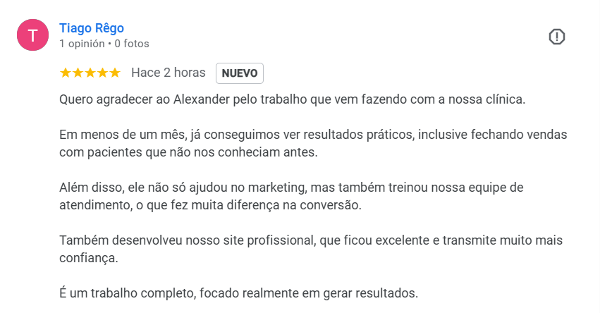 Avaliação de 5 estrelas de Tiago Rêgo no Google