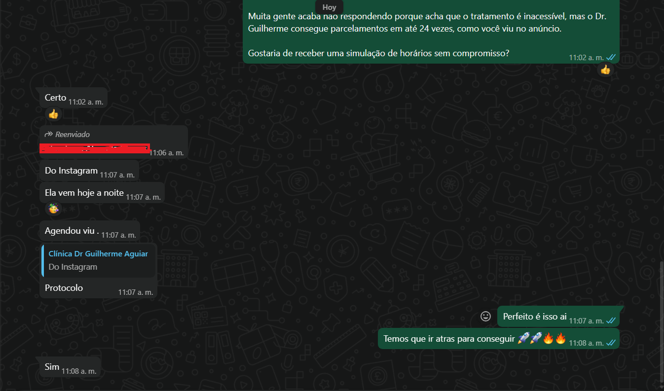WhatsApp mostrando lead do Instagram agendado no mesmo dia