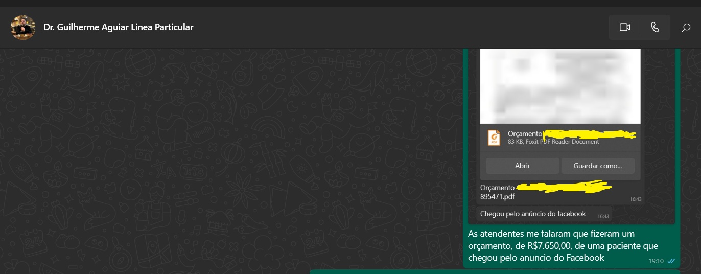 WhatsApp mostrando orçamento de R$ 7.650 fechado com paciente vindo de anúncio no Facebook