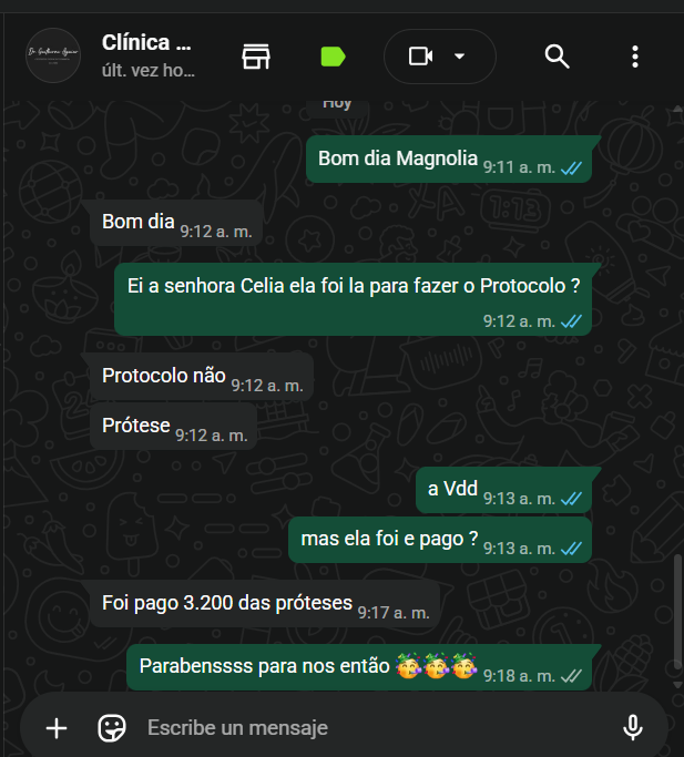 WhatsApp confirmando pagamento de prótese de R$ 3.200